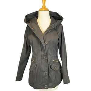 Love Tree Black Zip Utility Jacket Women Small Light Weight Big Hood Sinch Waist